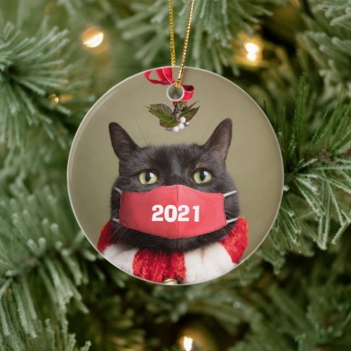 Merry Christmas 2021 Cat in Covid Face Mask  Ceramic Ornament