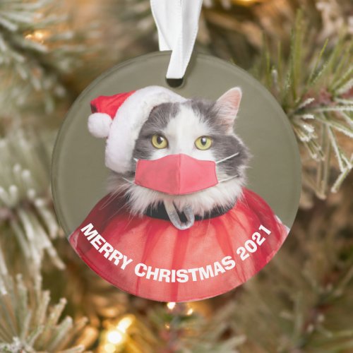 Merry Christmas 2021 Cat in Santa Hat Face Mask Ornament