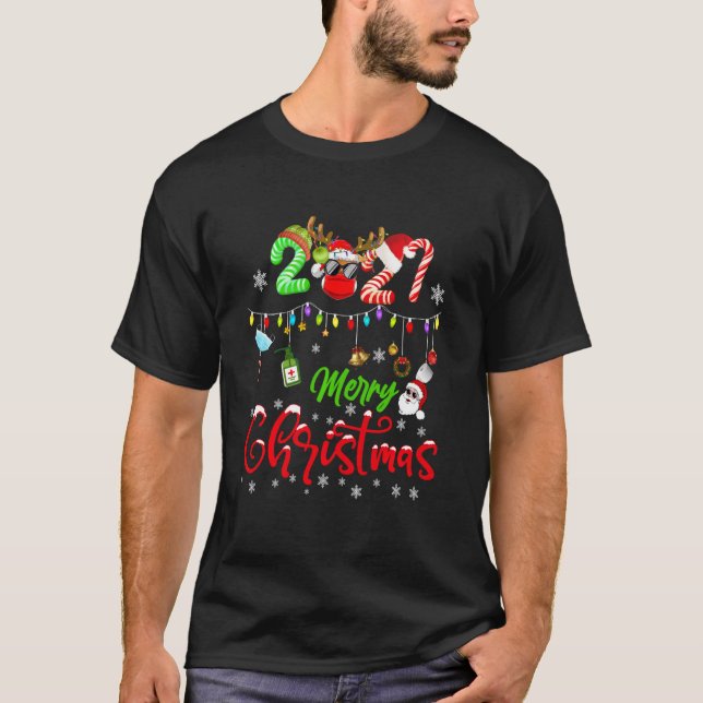 Merry Christmas 2021 Elf Santa Reindeer In Mask Li T-Shirt (Front)