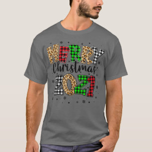 Merry Christmas 2021 Leopard Buffalo Plaid Red Gre T-Shirt
