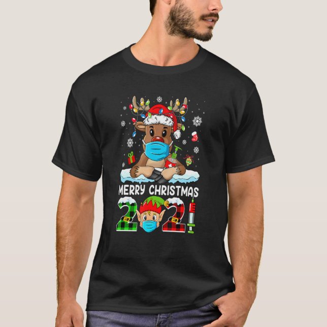 Merry Christmas 2021 Reindeer Santa Pajamas Family T-Shirt (Front)