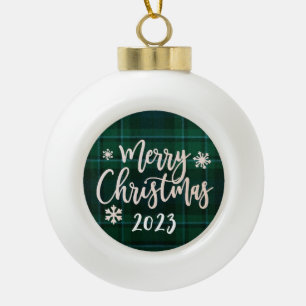 Merry Christmas 2023 Green Plaid Ceramic Ball Christmas Ornament