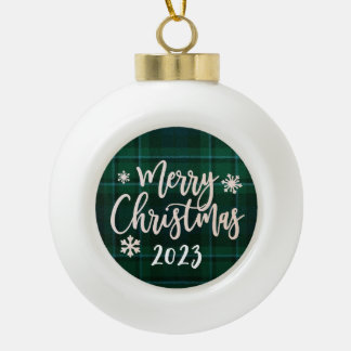 Merry Christmas 2023 Green Plaid Ceramic Ball Christmas Ornament