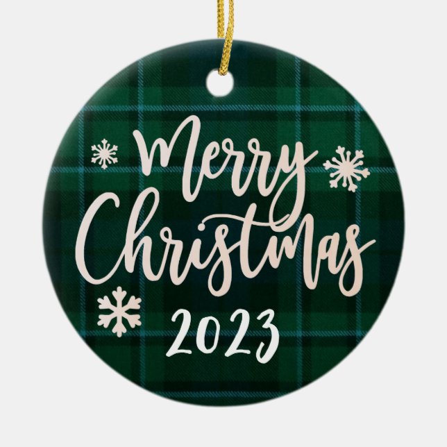 Merry Christmas 2023 Green Plaid Ceramic Ornament (Front)