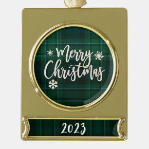 Merry Christmas 2023 Green Plaid Gold Plated Banner Ornament