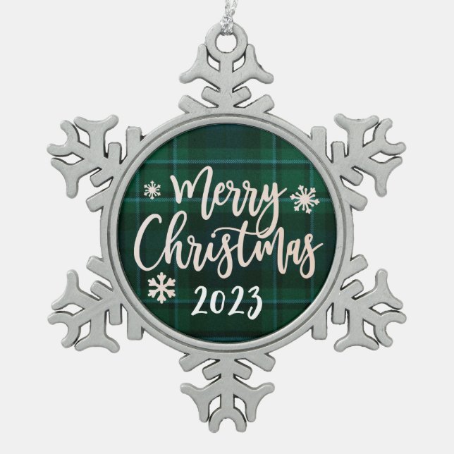 Merry Christmas 2023 Green Plaid Snowflake Pewter Christmas Ornament (Front)