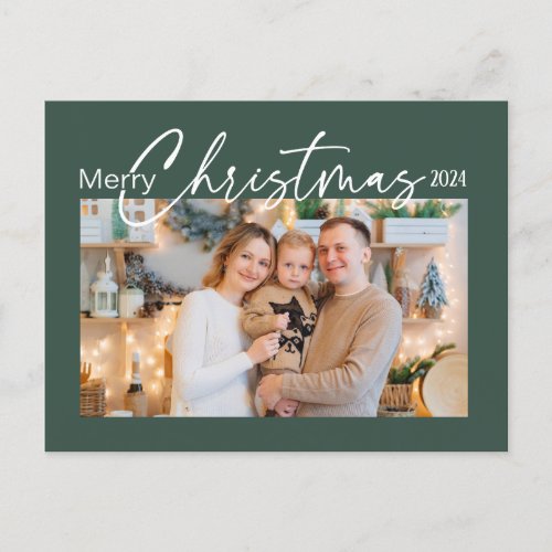 Merry Christmas 2024 Photo Elegant Script Green Holiday Postcard