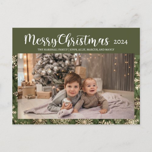 Merry Christmas 2024 Photo Typography Green Gold Holiday Postcard
