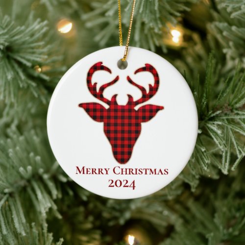 Merry Christmas 2024 Red  Black Plaid Reindeer Ceramic Ornament