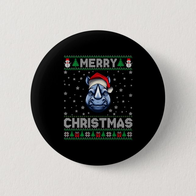 Merry Christmas 2025 Rhino Santa Hat Ugly Xmas Lon Button (Front)