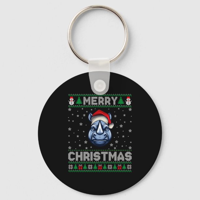 Merry Christmas 2025 Rhino Santa Hat Ugly Xmas Lon Keychain (Front)