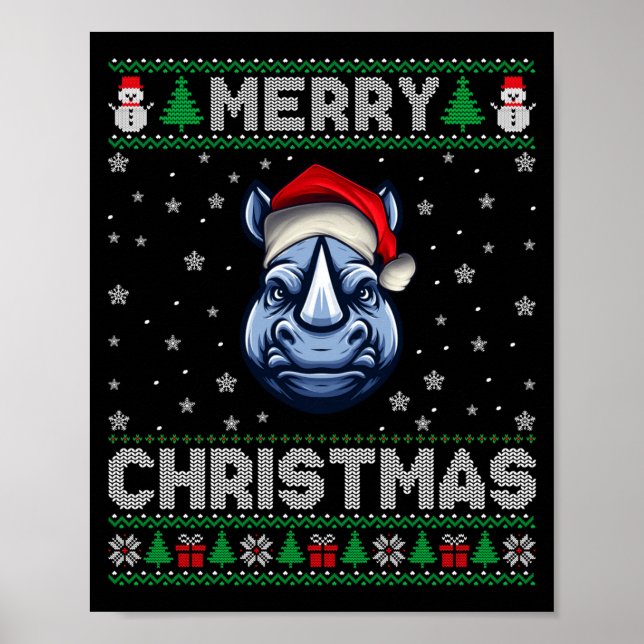 Merry Christmas 2025 Rhino Santa Hat Ugly Xmas Lon Poster (Front)