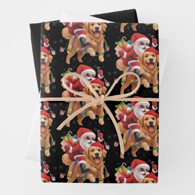 Merry Christmas 2025 Santa Riding Golden Retriever Wrapping Paper Sheets