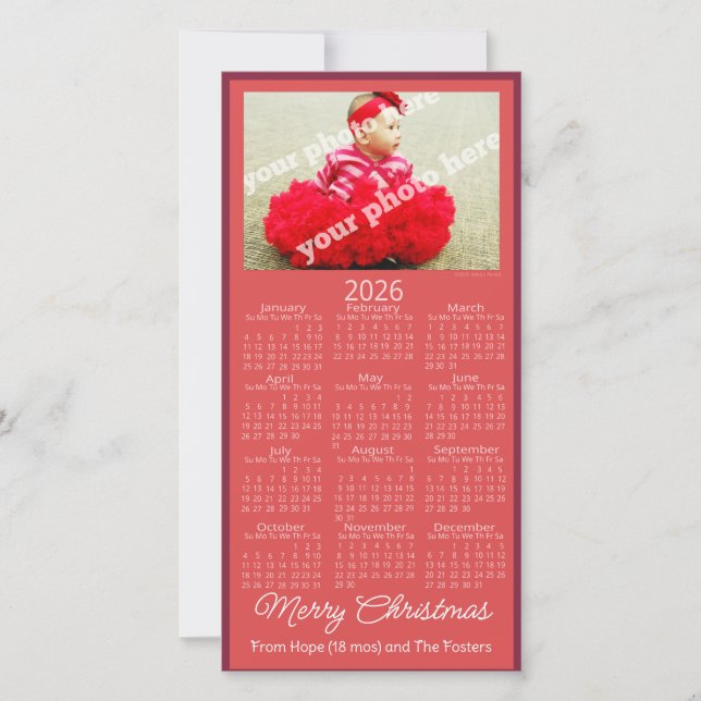 Merry Christmas 2026 Calendar Add Your Photo Red  Holiday Card (Front)