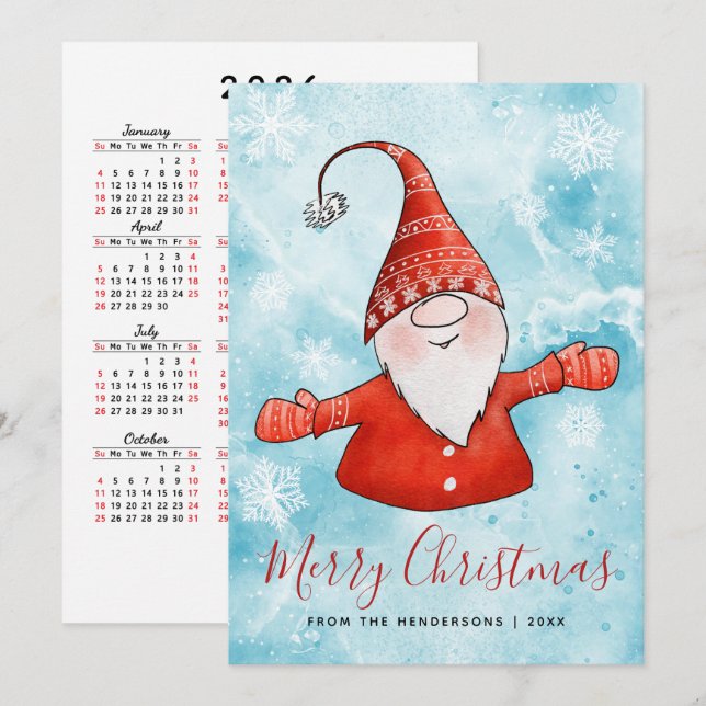 Merry Christmas 2026 Calendar Blue Red Gnome Holiday Card (Front/Back)