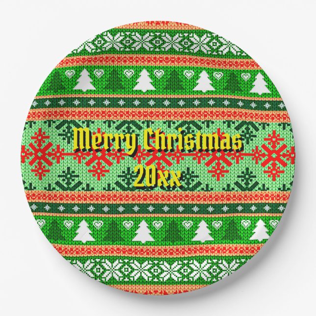 Merry Christmas 20XX Add Text Year Christmas Knit  Paper Plates (Front)