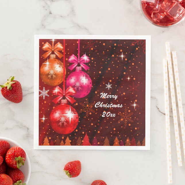 Merry Christmas 20XX Add Text Year Red Pink Brown Paper Dinner Napkins (Insitu)