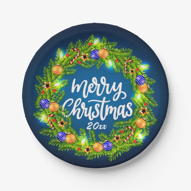 Merry Christmas 20XX Green Wreath on Blue 7" Paper Plates (Front)