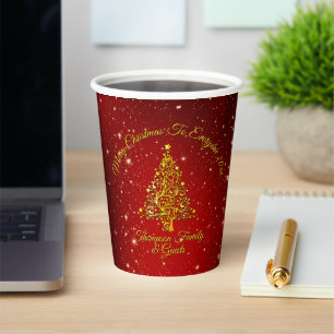 Merry Christmas 20XX Red Gold Tree Stars 12oz Paper Cups