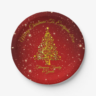 Merry Christmas 20XX Red Gold Tree Stars 7" Paper Plates