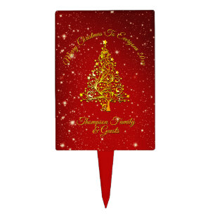Merry Christmas 20XX Red Gold Tree Stars Cake Topper