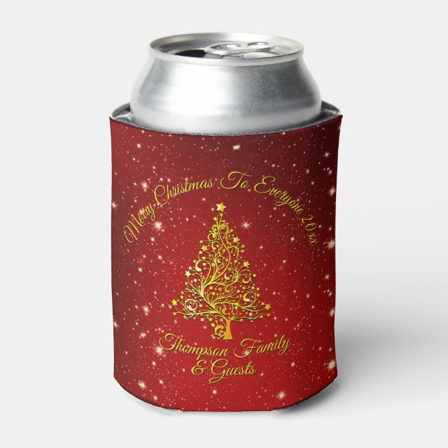 Merry Christmas 20XX Red Gold Tree Stars  Can Cooler (Can Front)