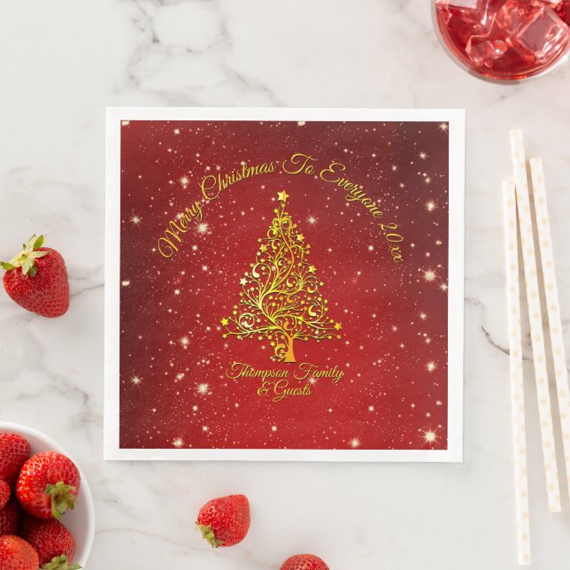 Merry Christmas 20XX Red Gold Tree Stars  Paper Dinner Napkins (Insitu)
