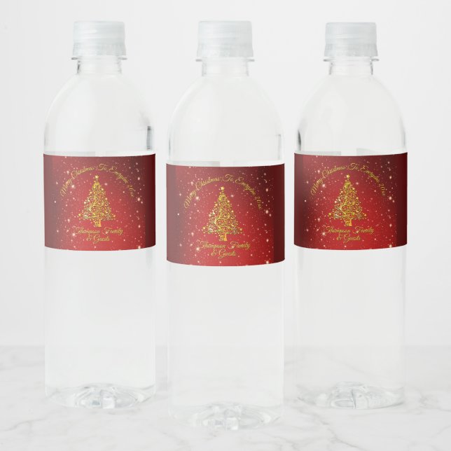 Merry Christmas 20XX Red Gold Tree Stars  Water Bottle Label (Bottles)