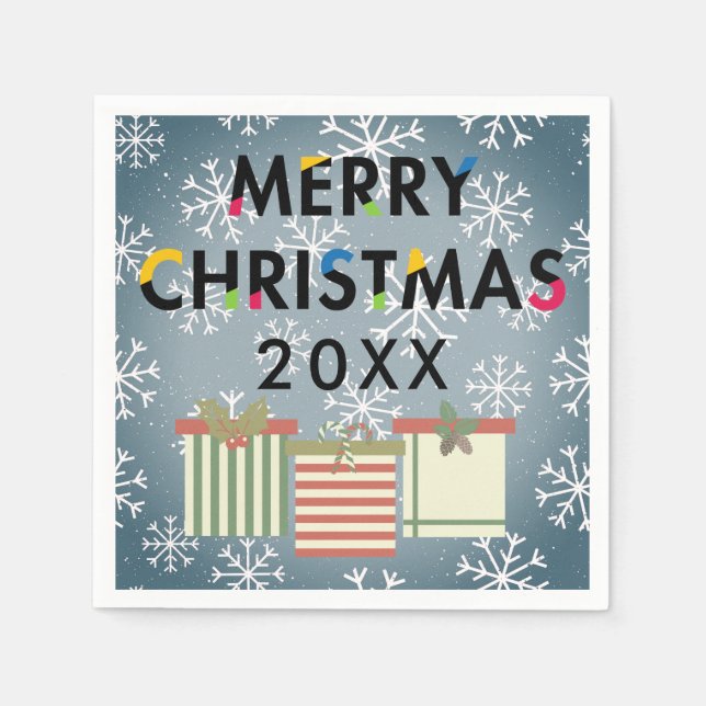 Merry Christmas 20XX Template SnowflakesGift Boxes Paper Napkins (Front)