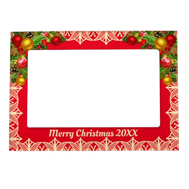 Merry Christmas 20XX White Lace and Boughs Magnetic Frame (Front)