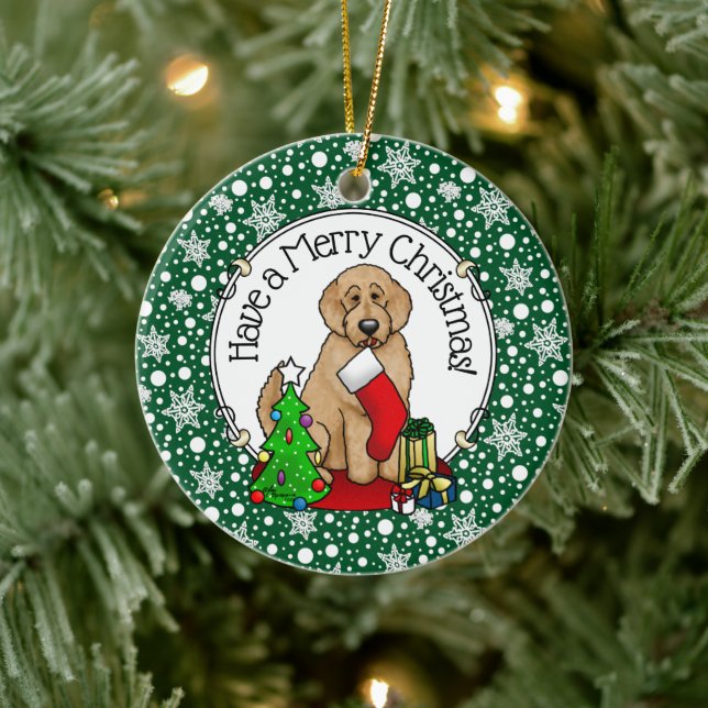 Merry Christmas 2 Goldendoodle (golden red) Cute Ceramic Ornament (Tree)