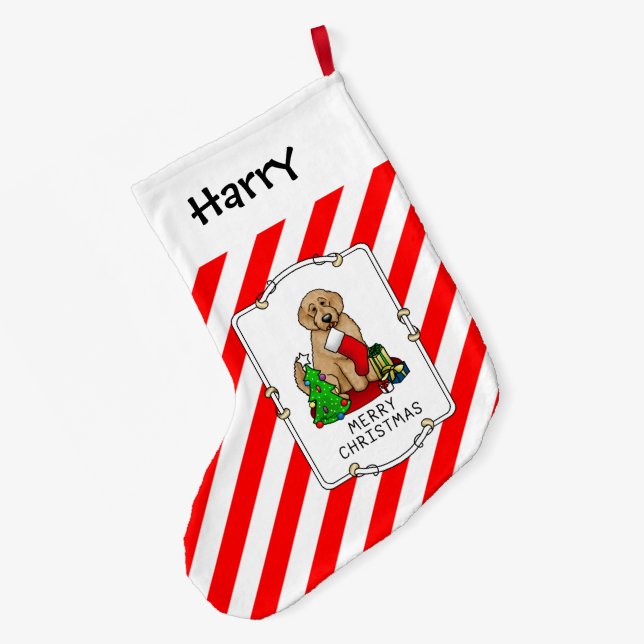 Merry Christmas 2 Goldendoodle (golden red) Cute Large Christmas Stocking (Back (Hanging))