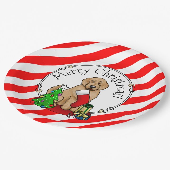 Merry Christmas 2 Goldendoodle (golden red) Cute Paper Plates (Angled)