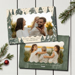 Merry Christmas 2 Photo Family Winter Trees Holiday Card<br><div class="desc">Merry Christmas 2 Photo Family Winter Trees Holiday Card Christmas Card features your favorite photo on the front with the text "Merry Christmas" in modern typography on a background of green Christmas trees accented with gold stars and snow and personalized with your family name below. On the reverse add an...</div>