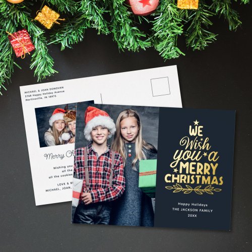 Merry Christmas 2 photo gold Foil Holiday postcard