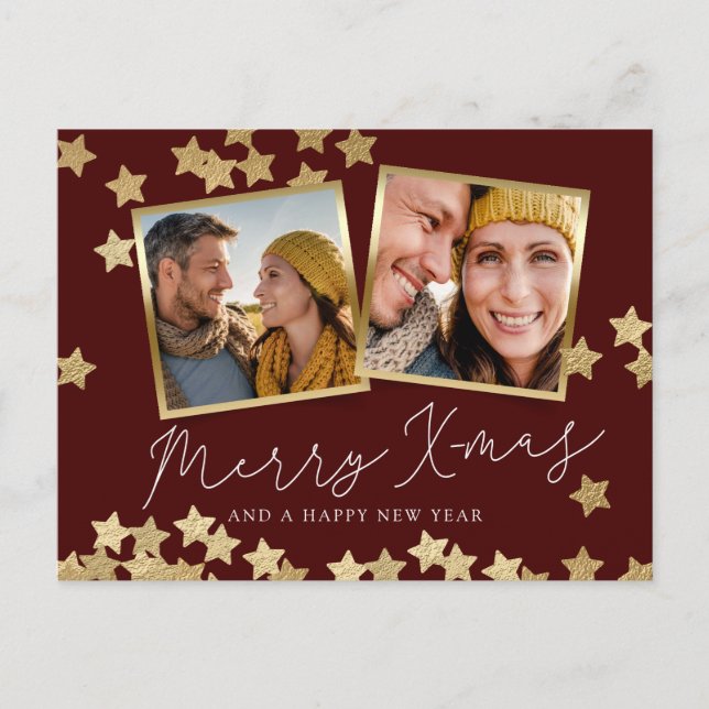 Merry Christmas 2 Photo Holiday Postcard Red Gold (Front)