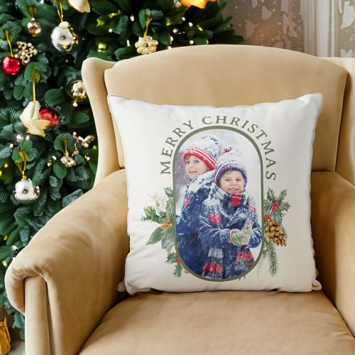 Merry Christmas 2 Photo Holly and Pine Holiday Throw Pillow
