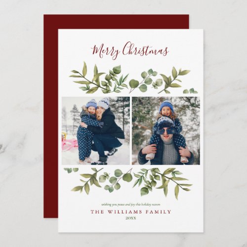 Merry Christmas 2 Photo Modern Greenery Foliage Holiday Card