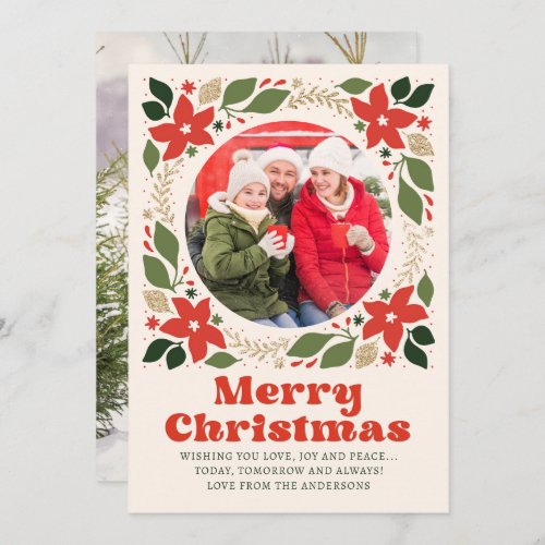 Merry Christmas 2 Photo Modern Script Floral  Holiday Card