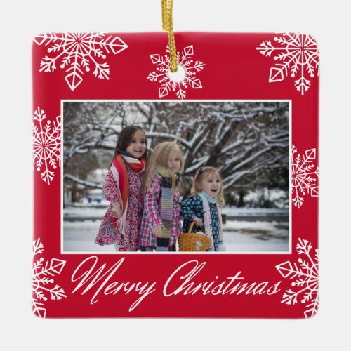 Merry Christmas 2 Photo Red And White Snowflakes  Ceramic Ornament