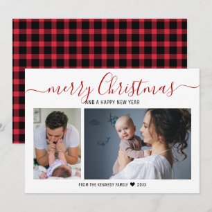 Merry Christmas 2 Photo Red Buffalo Plaid Holiday Card