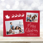Merry Christmas 2 Photo Santa Sleigh Holiday Card<br><div class="desc">Festive red holiday card featuring 2 photos scattered in white frames,  a white silhouette of reindeers flying Santa's sleigh,  "Merry Christmas" in a stylish white script and your name in simple modern white typography.</div>