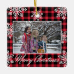 Merry Christmas 2 Photo Snowflakes  Red Plaid  Ceramic Ornament