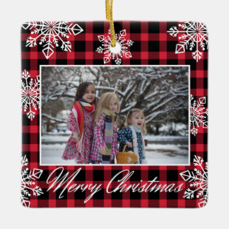 Merry Christmas 2 Photo Snowflakes Red Plaid Ceramic Ornament