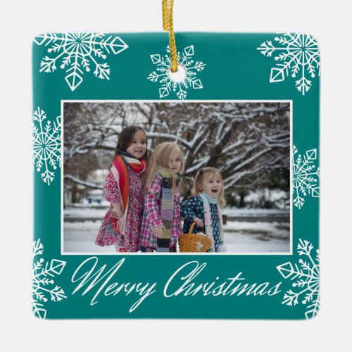 Merry Christmas 2 Photo Teal And White Snowflakes  Ceramic Ornament