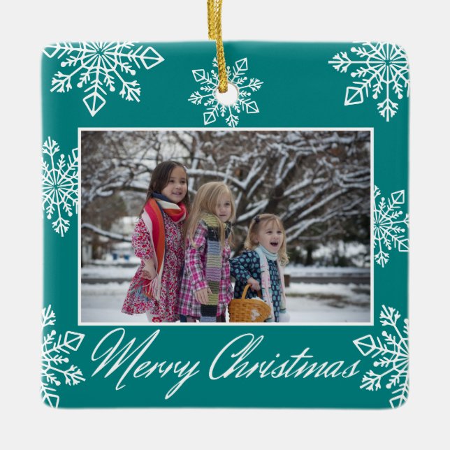 Merry Christmas 2 Photo Teal And White Snowflakes  Ceramic Ornament (Front)