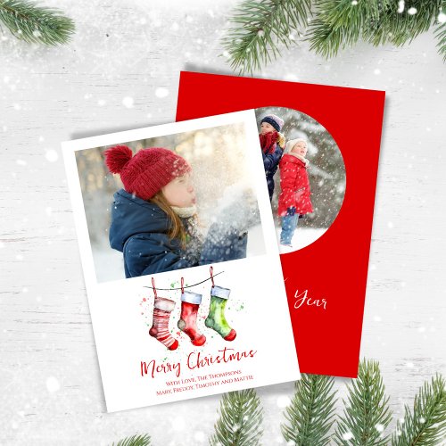 Merry Christmas 2 Photo Watercolor Stockings Holiday Card