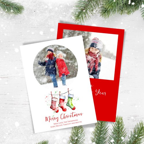 Merry Christmas 2 Photo Watercolor Stockings Holiday Card