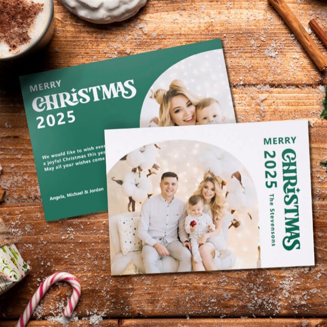 Merry Christmas 2 photos arch green holiday Letterpress Photo Cards (Creator Uploaded)