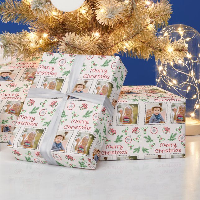 Merry Christmas 2 Photos Christmas Doodles Wrapping Paper (Holidays)